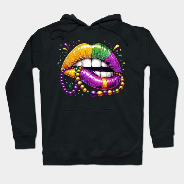 Mardi Gras Lips, Carnival Mardi Gras Outfit ,Fat Tuesday ,Flower de Luce,Mardi Gras Day, Mardi Gras Gift For Women Hoodie by AlmaDesigns